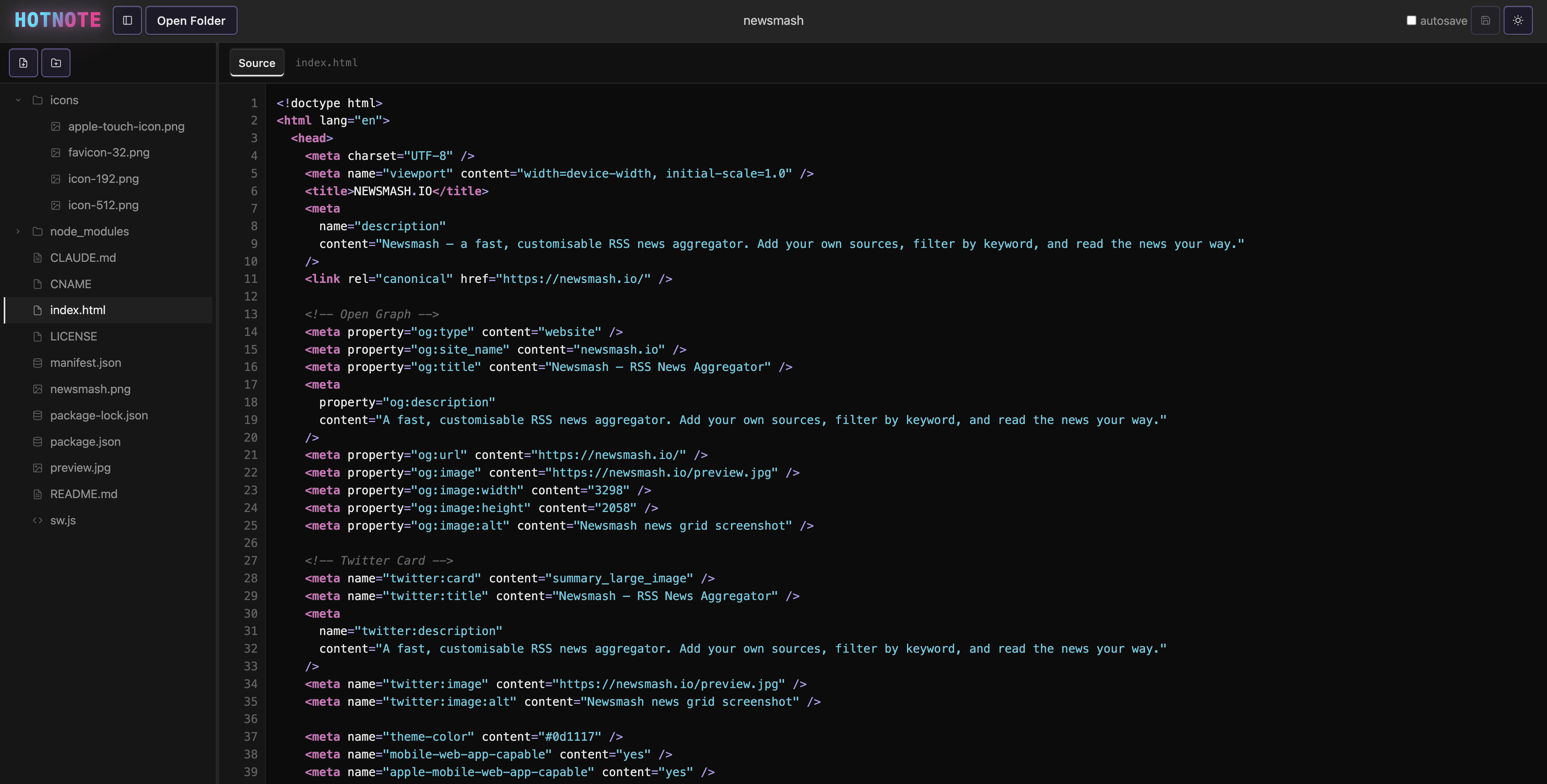 hotnote editor screenshot showing code editing with sidebar and syntax highlighting